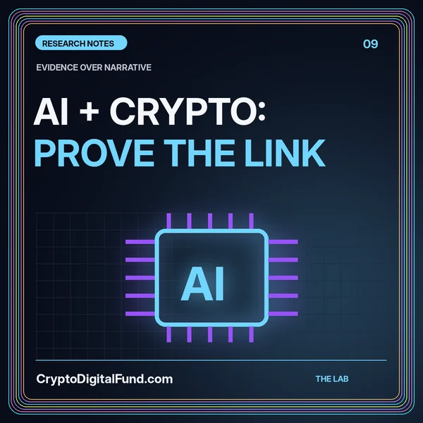 Electric-blue AI and crypto typography card with a processor connected to a digital-asset ring.