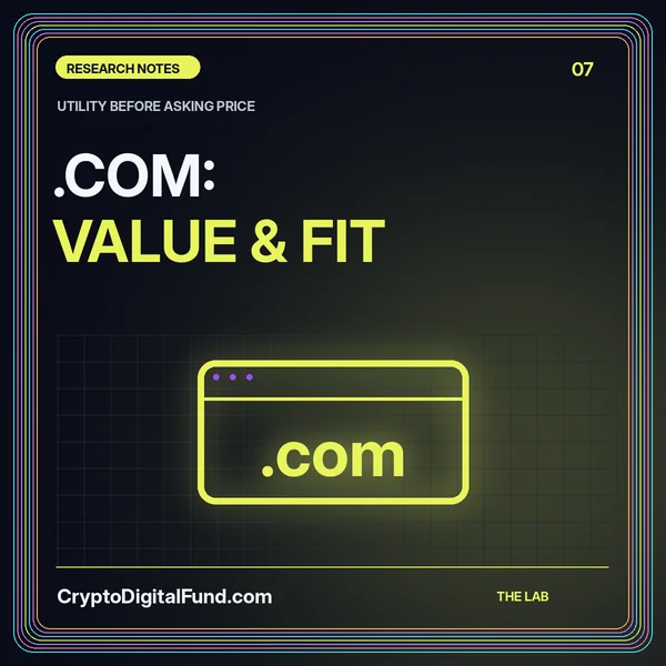 Lime-yellow typography reading .COM: Value and Fit with an original domain-address motif.