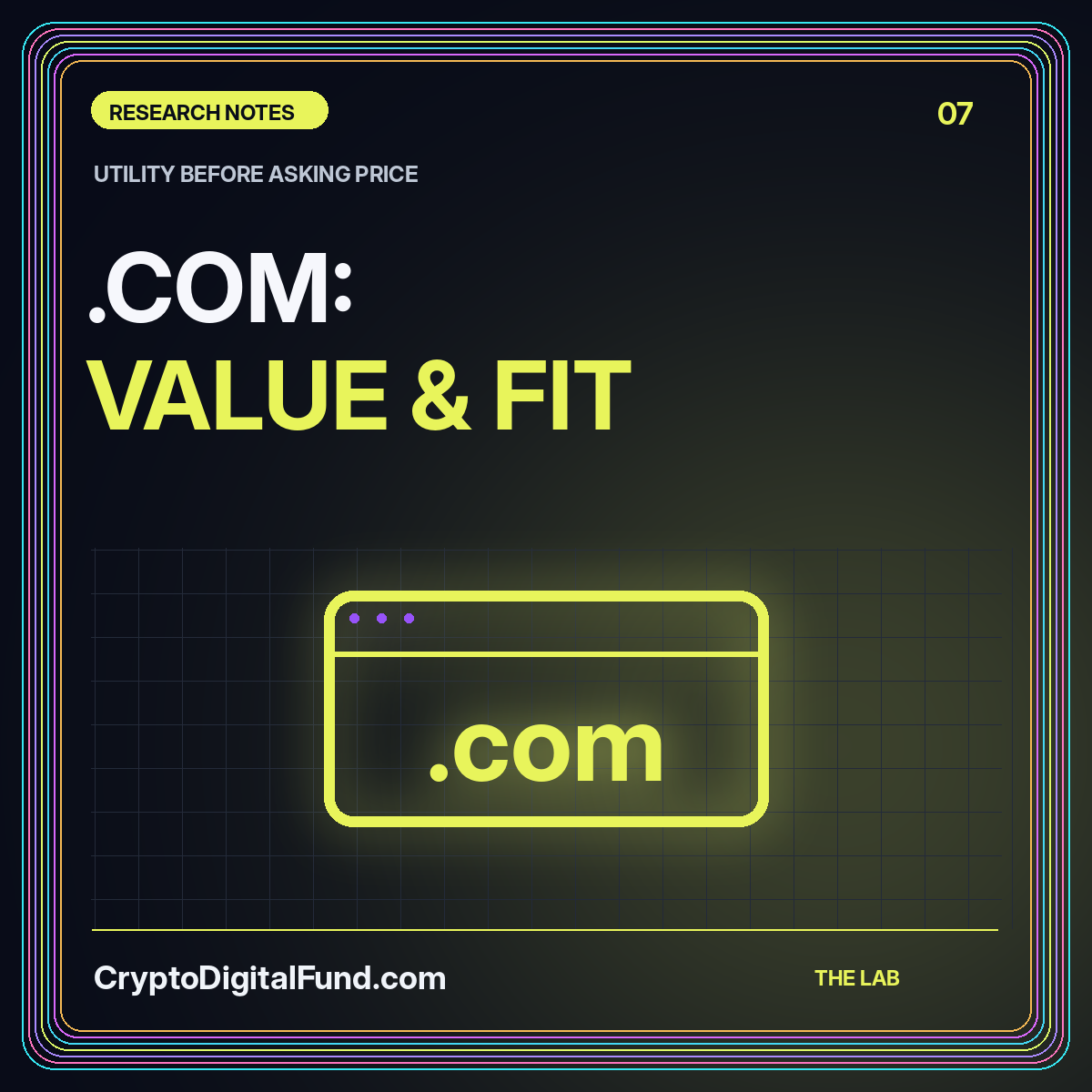 Lime-yellow typography reading .COM: Value and Fit with an original domain-address motif.