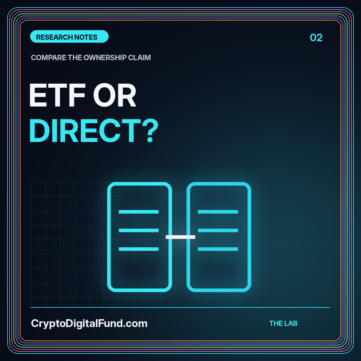 Cyan and violet typography card reading ETF or Direct, with paired ownership paths.