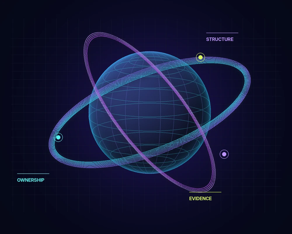 Original digital-asset orbit illustration: a luminous sphere surrounded by cyan and violet paths.